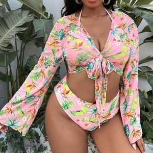 3piece Plus Tropical Halter Bikini Swimsuit & Kimono